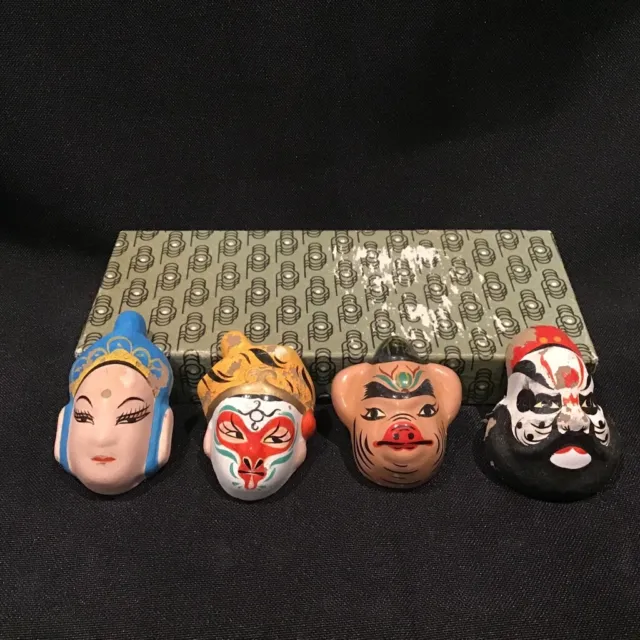 SET OF 4 Vintage Chinese Ceramic Mask Beijing Opera Miniature Hand Painted