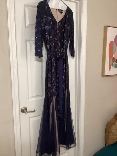 Alex Evenings 16W Formal Dress Dark Blue Lace Sequins Long