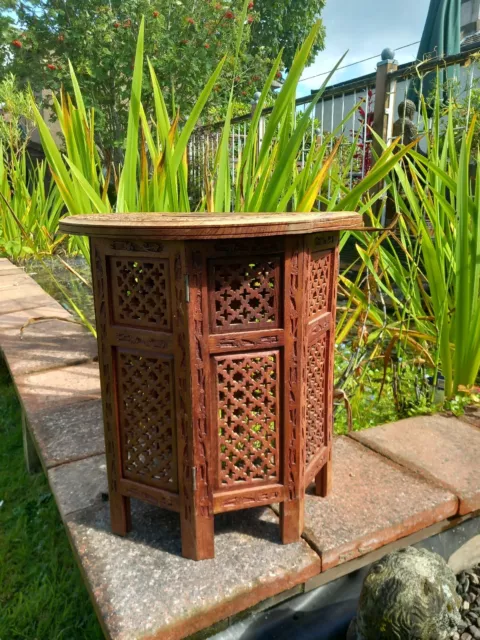 Vintage Carved Wood Indian Octagonal Side Table Brass Inlay Moroccan Style