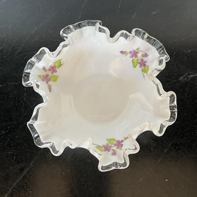 Vintage Fenton Silver Crest Violets In The Snow Milk Glass Bowl Artist Signed 6"