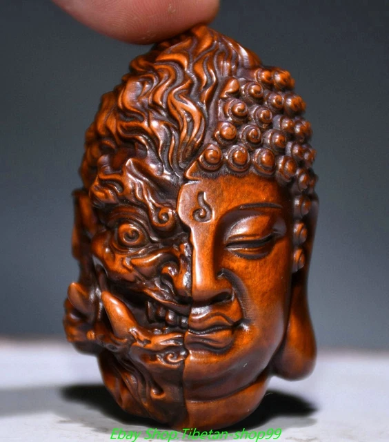 2.3'' Old Chinese Boxwood Carving Buddha Devil Face Head Statue Sculpture
