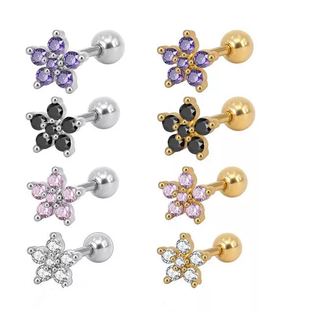 Cartilage Tragus Barbell Stud Earing Piercing Helix CZ Gem Flower Surgical Steel