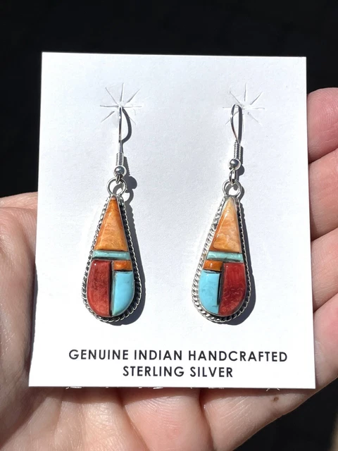 Navajo Crafted Sterling Silver Multi-stone Inlay Teardrop Earrings, V. Thompson