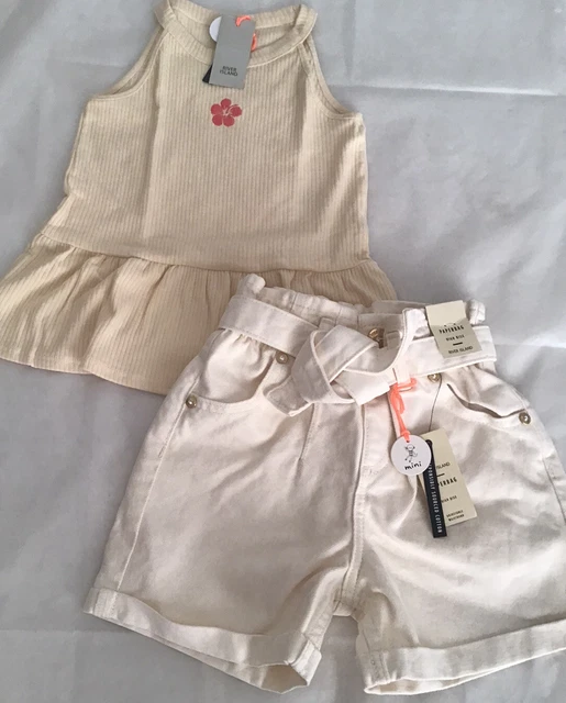 Pantaloncini jeans top River Island mini bambina età 2-3 anni ecru peplum nuovi con etichette