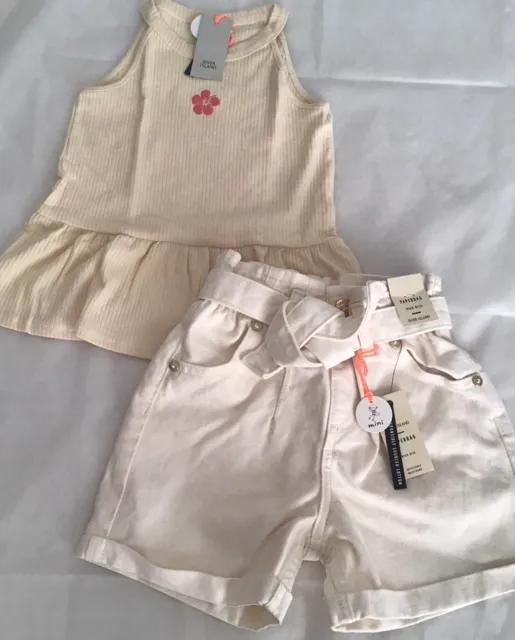 River Island Mini Girls Aged  3-4 Years Ecru Peplum Top Jeans Shorts Outfit BNWT
