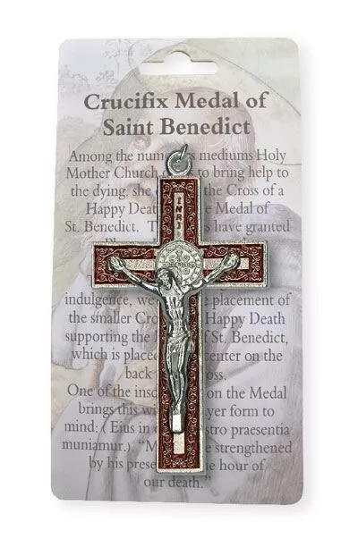 St Saint Benedict Crucifix Cross Silver & Red Medal Christian Catholic Enamel