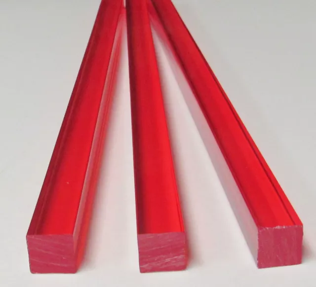 3 PC 1/2” x 1/2" x 12” INCH LONG SQUARE CLEAR RED ACRYLIC TRANSLUCENT ROD .50"