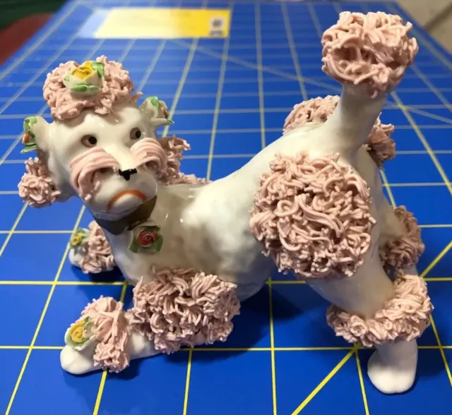 1950’s Vintage white poodle figurine with pink  spaghetti noodles & roses. 3x5x4