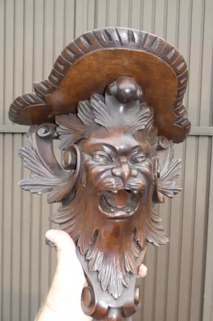 Antique Large wood carved rare gothic devil satyr head wall console
