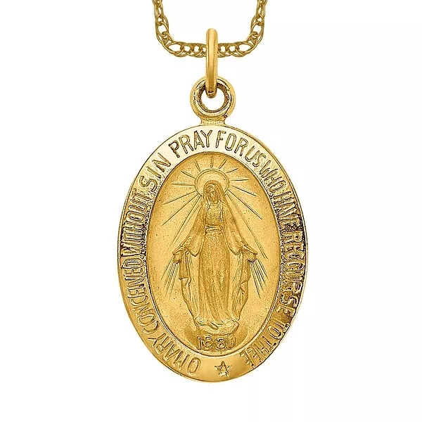 14K Yellow Gold Small Oval Our Lady of Miraculous Medal Blessed Virgin Mary N...