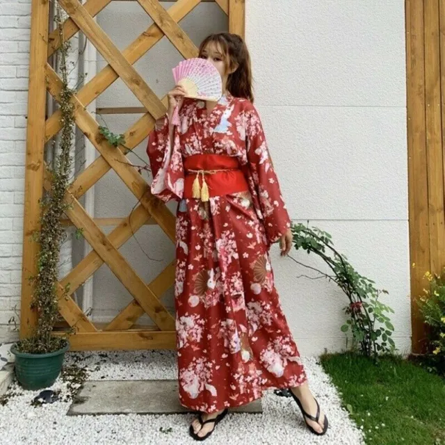 Women Japanese Kimono Yukata Floral Sakura Cosplay Bathrobe Sleepwear Retro