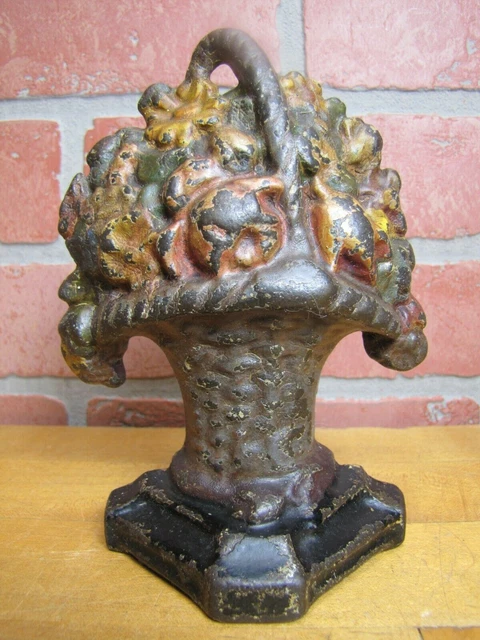 FLOWER BASKET Antique Cast Iron Book End Door Stop Decorative Statue Old Paint