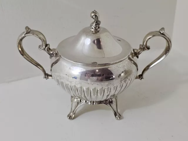 Wm Rogers Silverplate Footed Cream & Sugar Set Double Handle Sugar W/ Lid 3