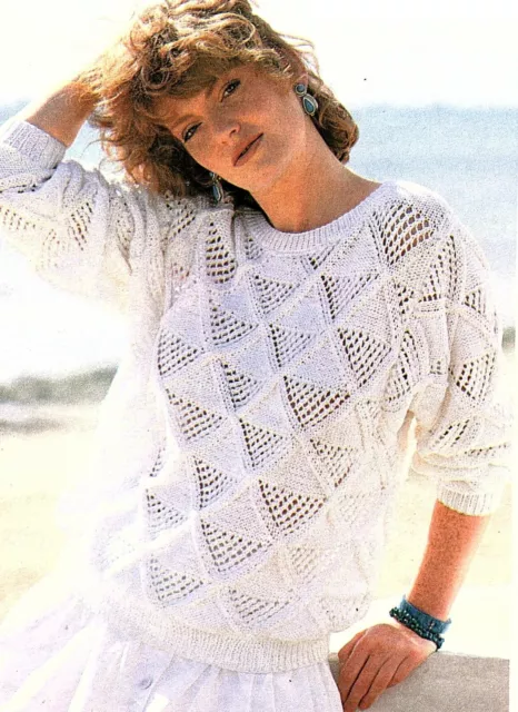 Ladies lacy sweater knitting pattern round neck diamond design women's jumper.