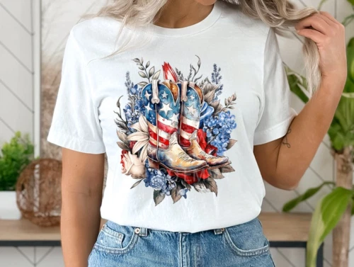 American Flag Cowgirl Boots 4th July Shirt - Patriotic Red White Blue Tshirt