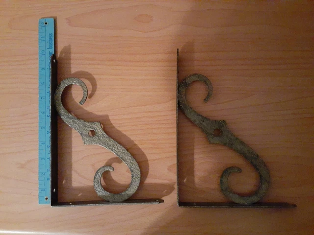 2 Vintage Gold Color Hammered Shelf Brackets 9 3/4" x 7"