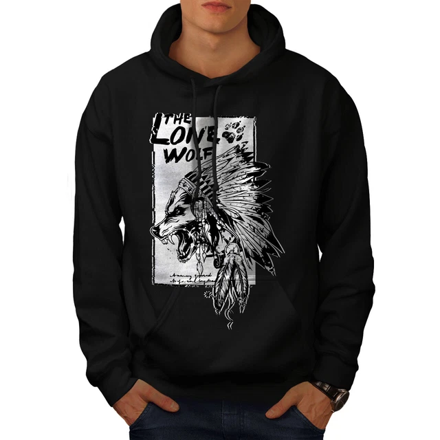 Wellcoda The Lone Wolf Indian Mens Hoodie, Wild Casual Hooded Sweatshirt