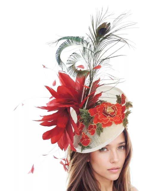 White Red Peacock Green Teal Feather Kentucky Ascot Derby Fascinator Hat