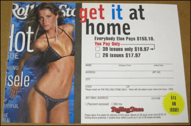 2001 Gisele Bundchen Rolling Stone Blank Subscription Card 2000 Cover 5.75x4.25