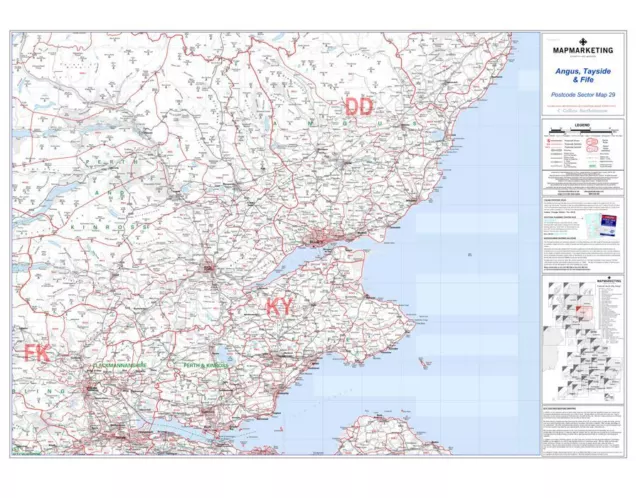 Postcode Sector Wall Map 29 Angus, Tayside & Fife A B Roads Motorways (Paper)