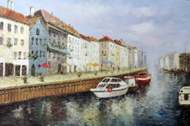 Venice Canal Homes Modern Scene Boats 24X36 Italian Oil Painting STRETCHED