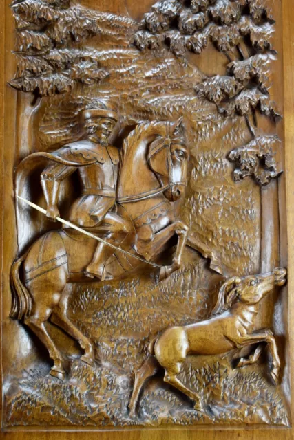 Antique French Hand Carved Wall Sculpture Panel Door Horse Stag Hunt Castle