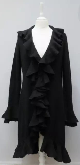 Ralph Lauren 100% Cashmere Long Black Ruffle Drape Duster Cardigan L