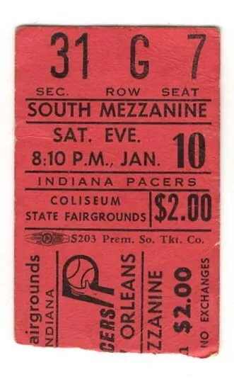 1970 INDIANA PACERS - NEW ORLEANS BUCCANEERS ticket stub A.B.A. aba 1/10 writing