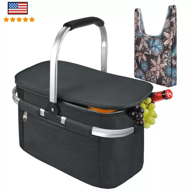 34L Large Insulated Picnic Basket Leakproof Collapsible Cooler Basket Tote