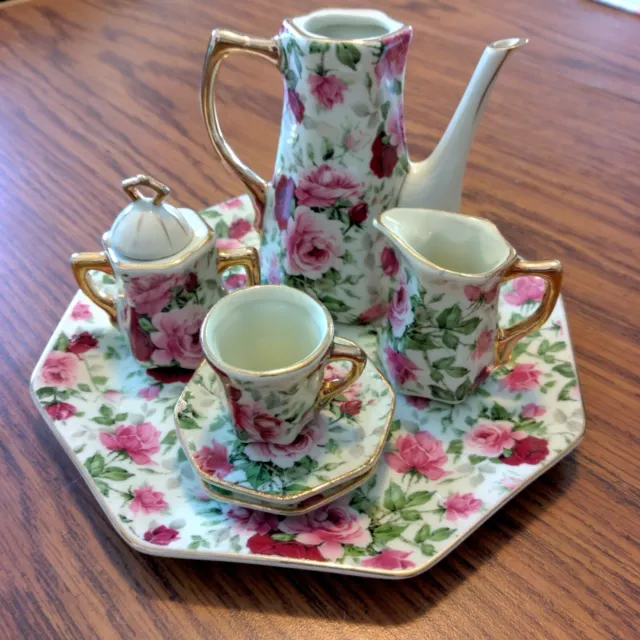 Vintage Miniature Chintz Pink Floral 8 piece Porcelain Tea Set with Gold Trim