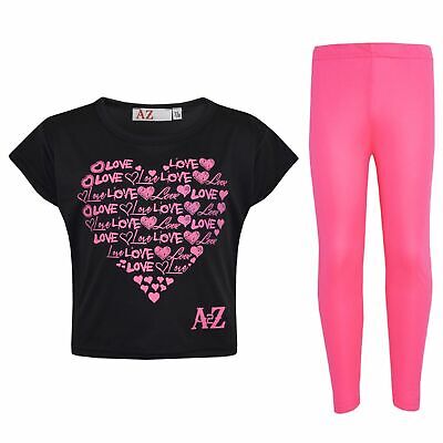 Kids Girls Top Love Print Stylish Black Crop Top & Fashion Legging Set 5-13 Year