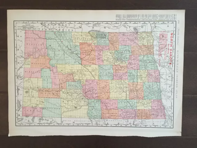 Large 21" X 15" COLOR Rand McNally Map of North Dakota (1905)