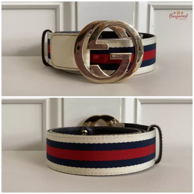 Authentic GUCCI Signature Web Canvas Gold Interlocking G Buckle Belt 80/32 3