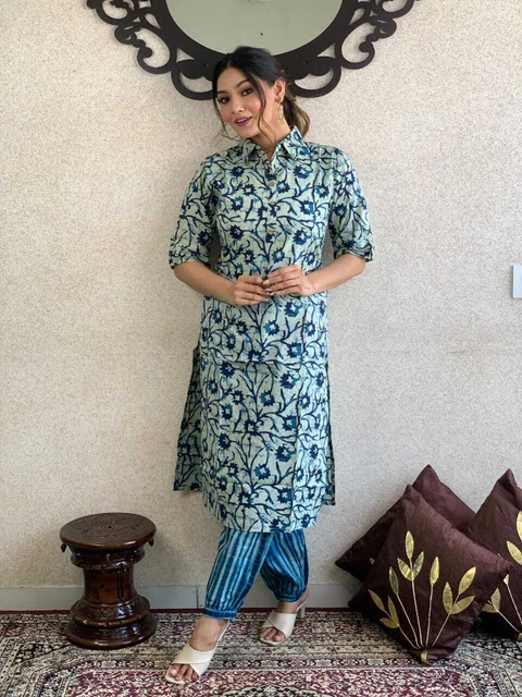 Women's Designer Wear Cotton Kurti Pant Set Indian Bollywood Salwar Kameez Suit