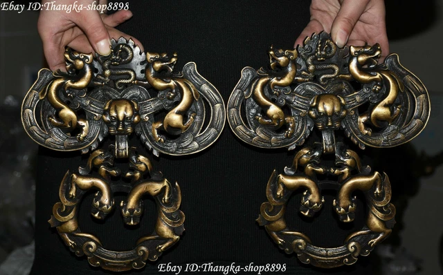 9" Chinese Purple Bronze Dynasty Bat Dragon Pixiu Beast Door Knocker Case  Pair