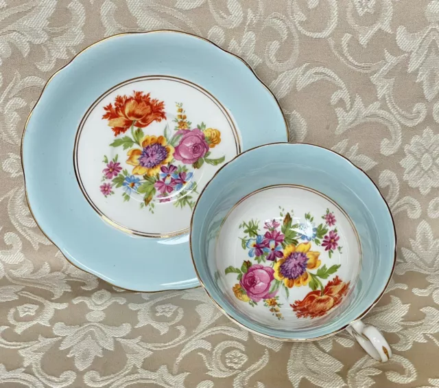 Vintage Foley Light Blue Colorful  Rose Bouquet Floral cup & Saucer. England