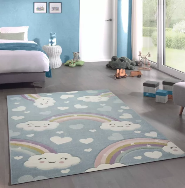 Alfombra infantil alfombra de juego arcoiris con nubes azul