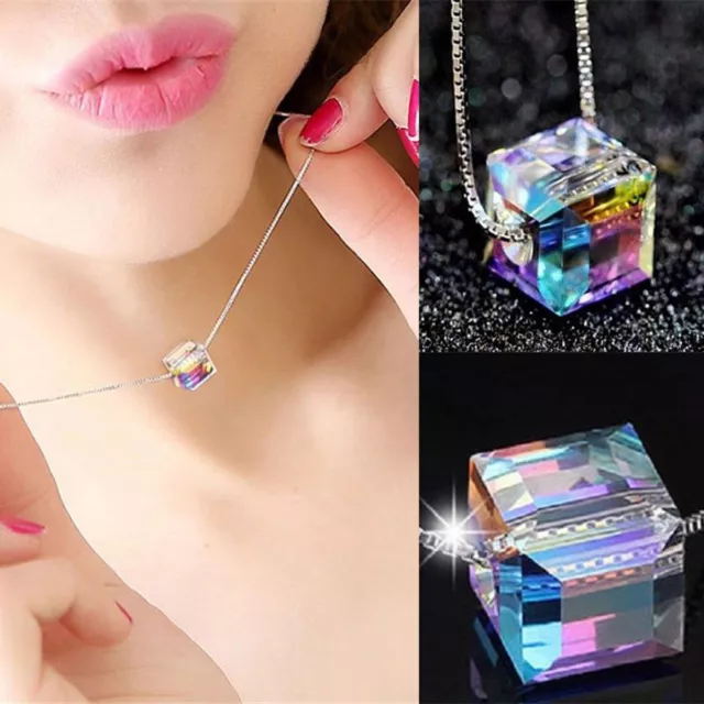 Women Magic Cube Crystal Pendant Choker Collar Silver Box Chain Necklace Jewelry