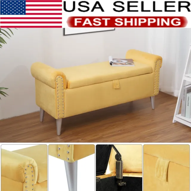 47" Contemporary Velvet Ottoman Rivet Rolled Arm Bench Storage Footstool Yellow