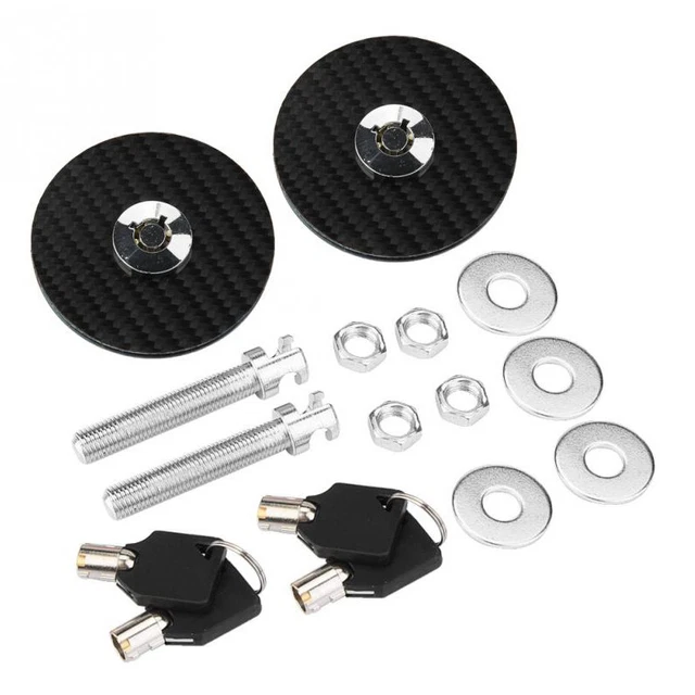 Car Black Carbon Fiber Racing Mount Bonnet Hood Pins Latch Key Locking Kit 2PCS