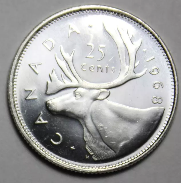 Canada 1968 Silver 25 Cents, Lustrous, Near Gem Uncirculated, Cameo (15f)