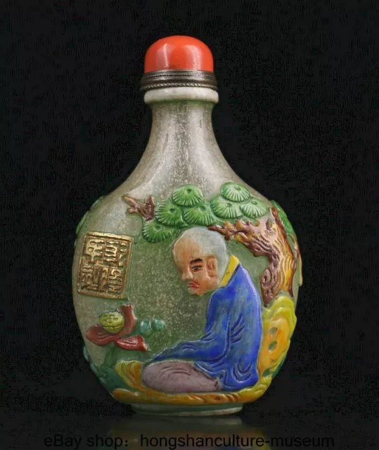 3.2 " China Glass Painting Dynasty Old People Tree Lotus snuff bottle snuff box