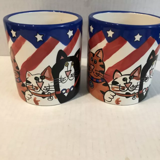 Catzilla Candace Reiter Stars & Stripes Cats Coffee Mug set of 2 Laura Burch Sty