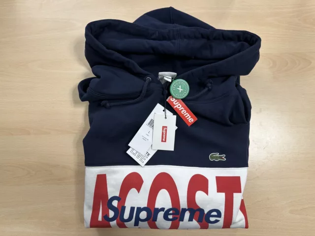 NEU Supreme Lacoste Hoodie Gr. L, Logo Panel Hooded Sweatshirt Navy Blau Blue