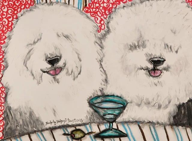 OLD ENGLISH SHEEPDOG with a Martini Dog Art 8.5 x 11 Signed Print Artist KSams