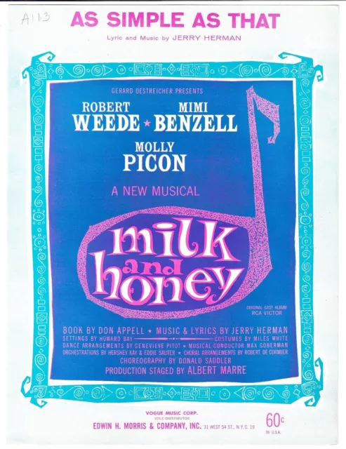 ROBERT WEEDE Broadway Sheet Music AS SIMPLE AS THAT / MILK AND HONEY 1961