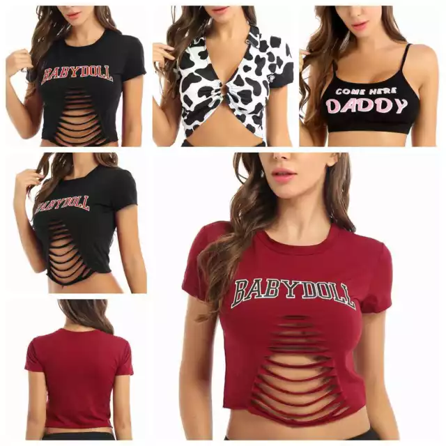 US Sexy Womens Pure Color Crop Top Girl Print Letter Extreme Crop Short  Tees Bra