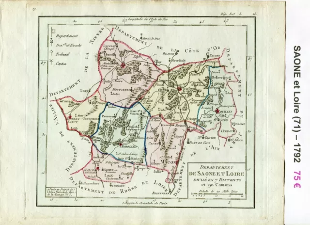 Dépt 71 - Carte de la Saône et Loire Superbe Gravure Cuivre Aquarellée 1792
