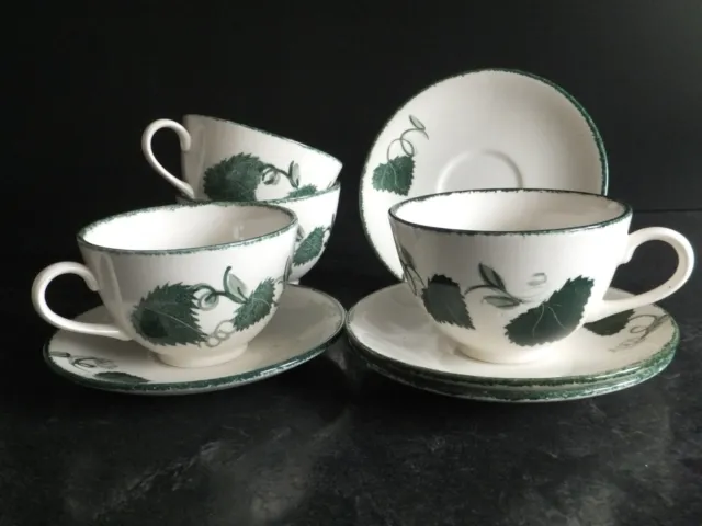 VINTAGE POOLE POTTERY ~ GREEN LEAF ~ 4 x BREAKFAST CUPS & SAUCERS