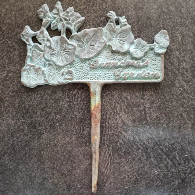 Vintage Brass Grandmas Garden Sign Plaque Lawn Stake Yard Walk Ornament Patina